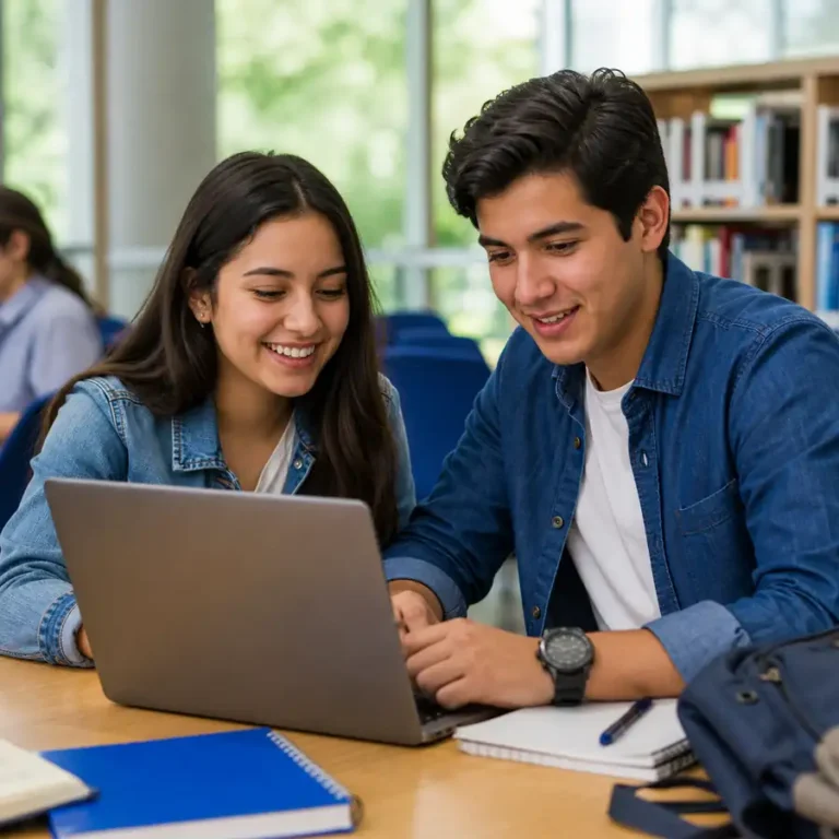 Jóvenes mexicanos revisando opciones de becas y apoyos en una biblioteca