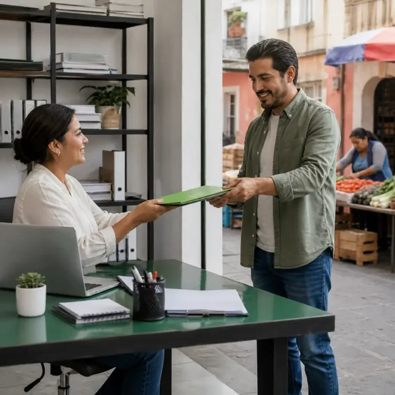 Escena de trabajo formal e informal en México con oficina y mercado