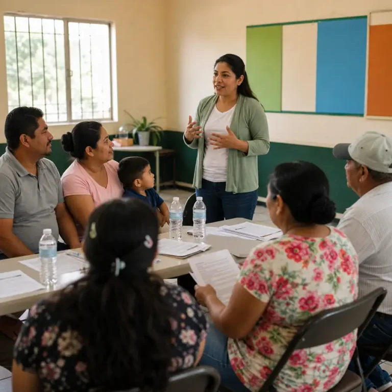 Familias mexicanas recibiendo orientación sobre programas de apoyo social