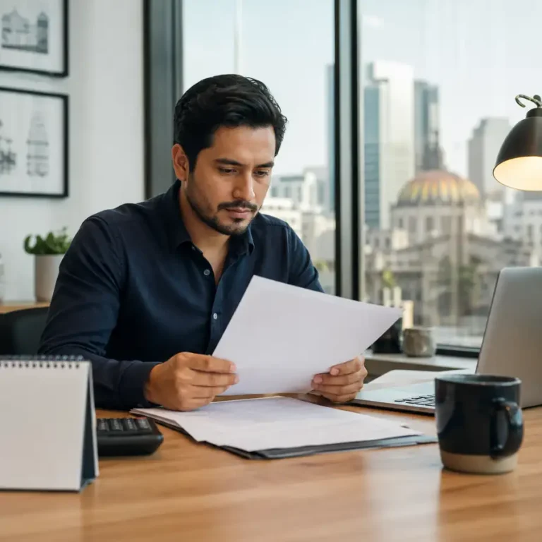 Persona revisando una oferta de trabajo en una oficina de México